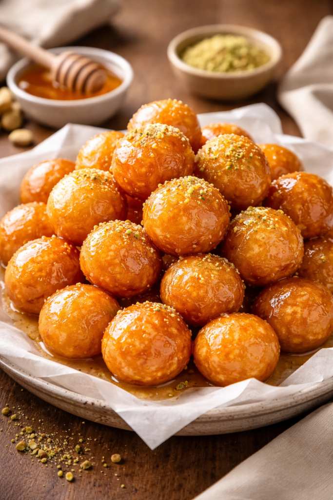 sıcak lokma ve fıstık serpiştirildi